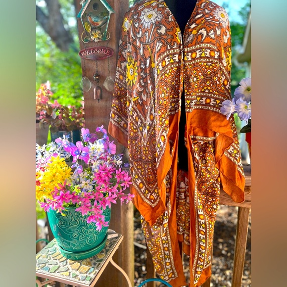 Free People Sweaters - Free People Bold Orange/Yellow/Tan Floral Paisley Open Front Soft Ruana Kimono